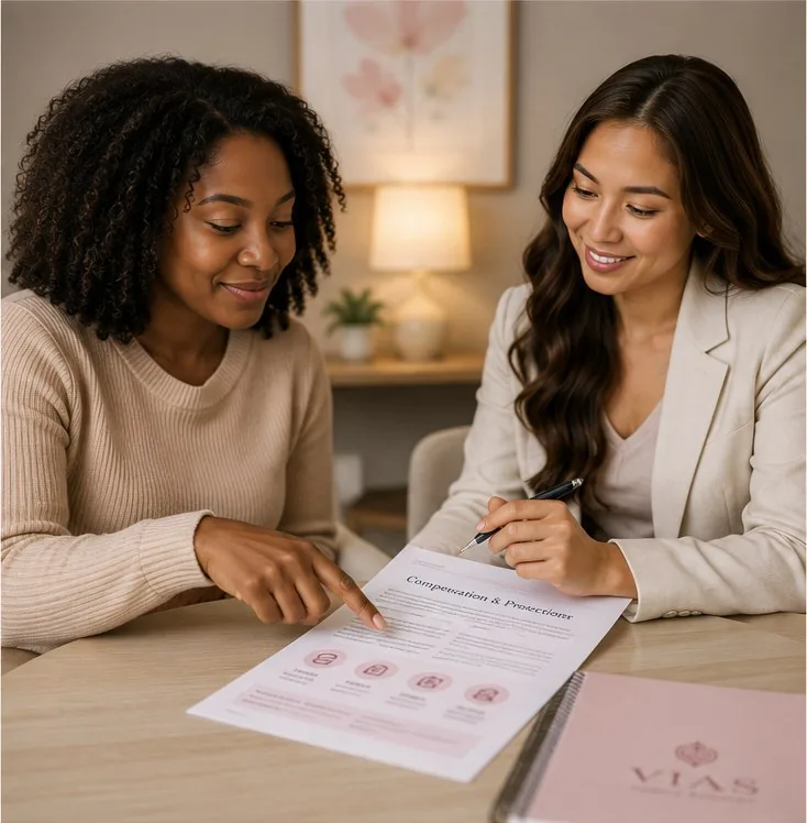 A surrogate and her coordinator reviewing her compensation and protections together