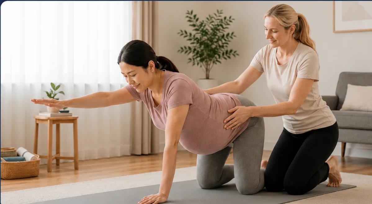 A pregnant woman receiving prenatal massage, a soft restorative Journey Care moment