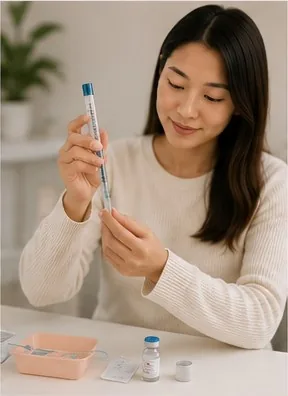 A surrogate preparing an injectable medication as a new protocol begins