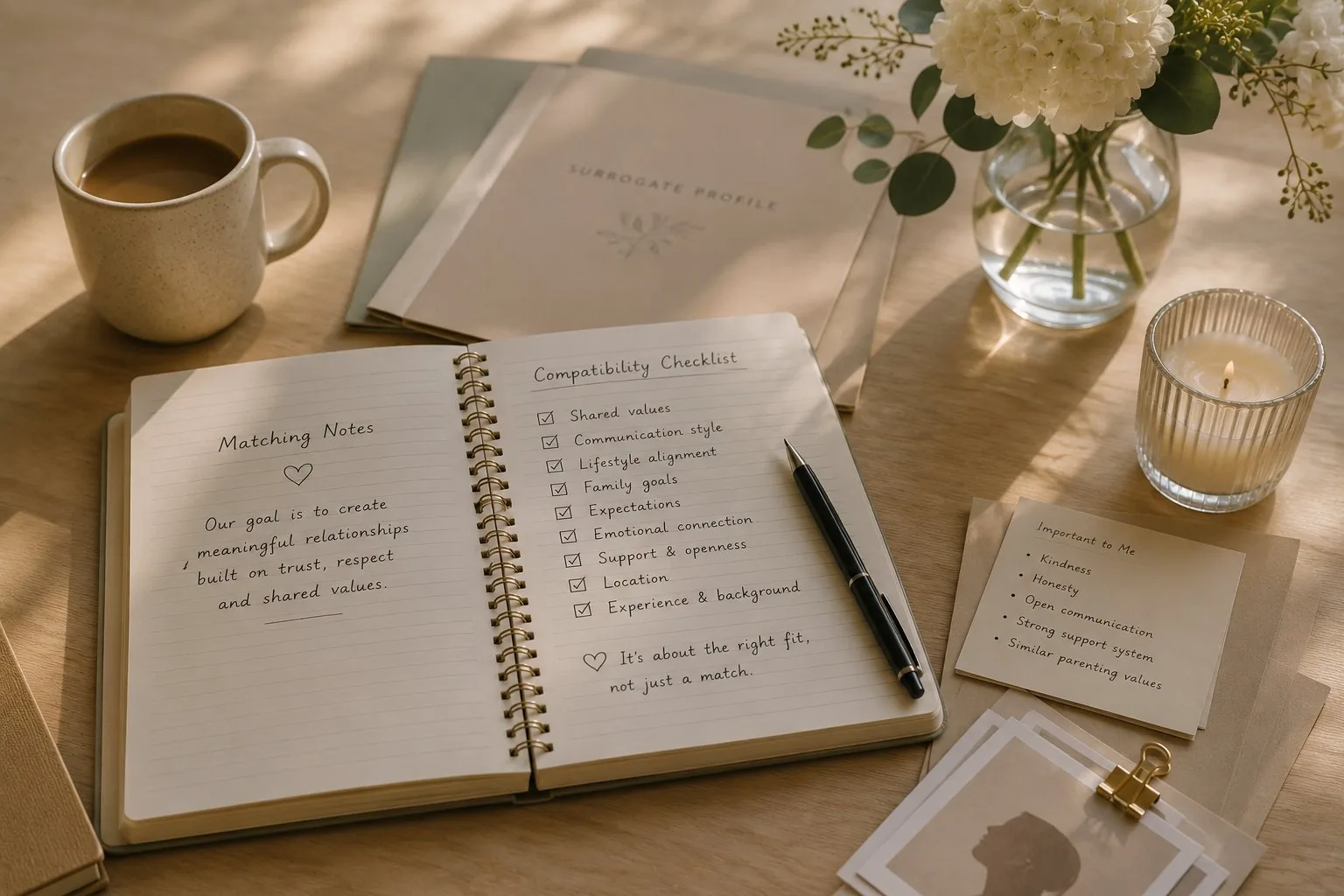 A notebook open to matching notes and a surrogate profile folder