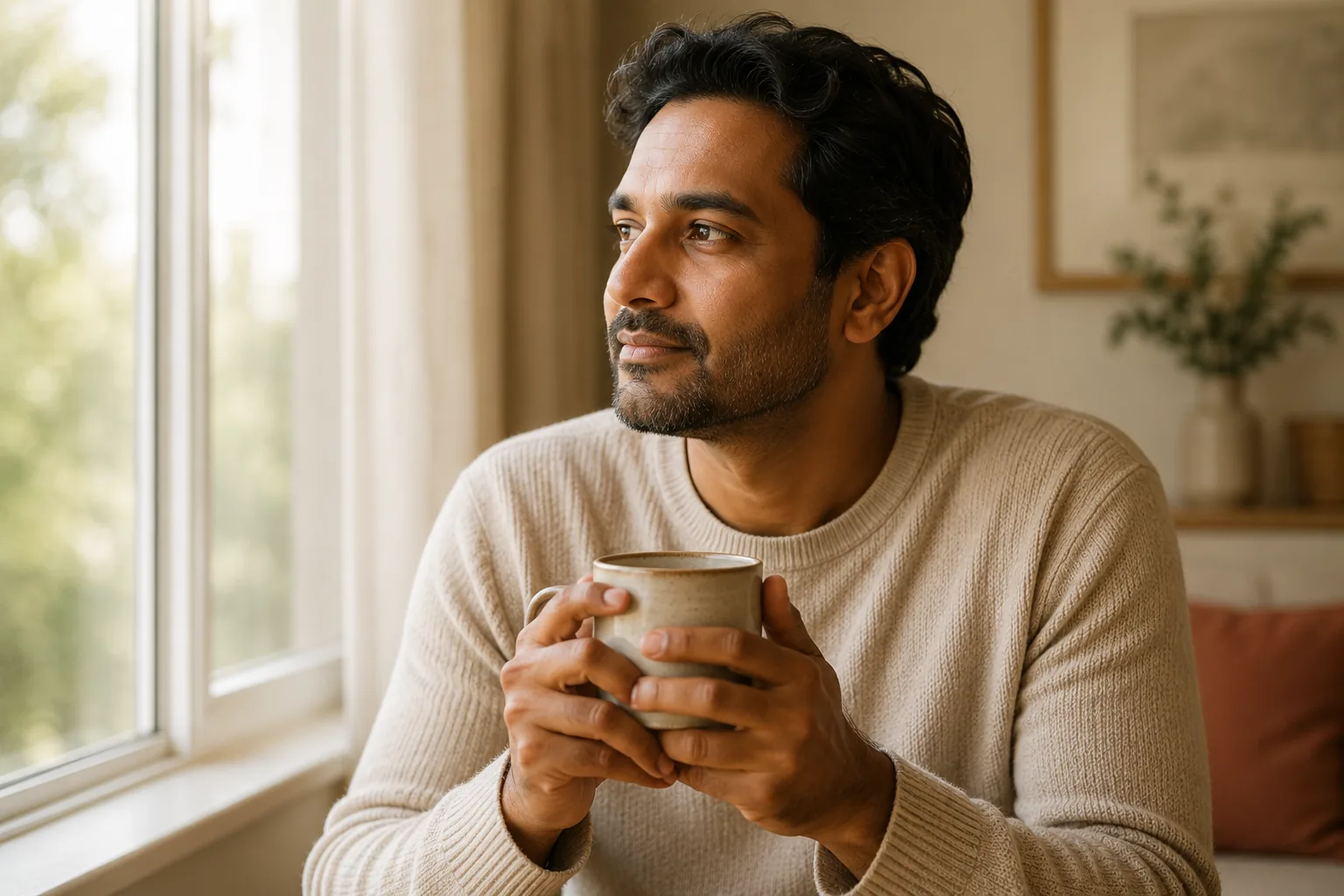 A man seated near a window holding a mug in a calm home interior