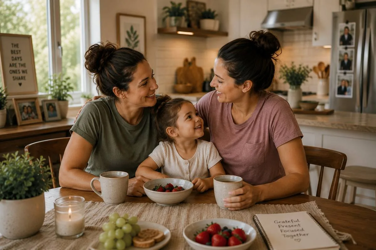 Two mothers discussing surrogacy at home with their daughter