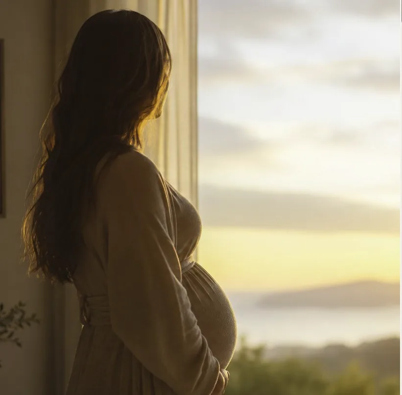 Pregnant surrogate standing in soft natural light