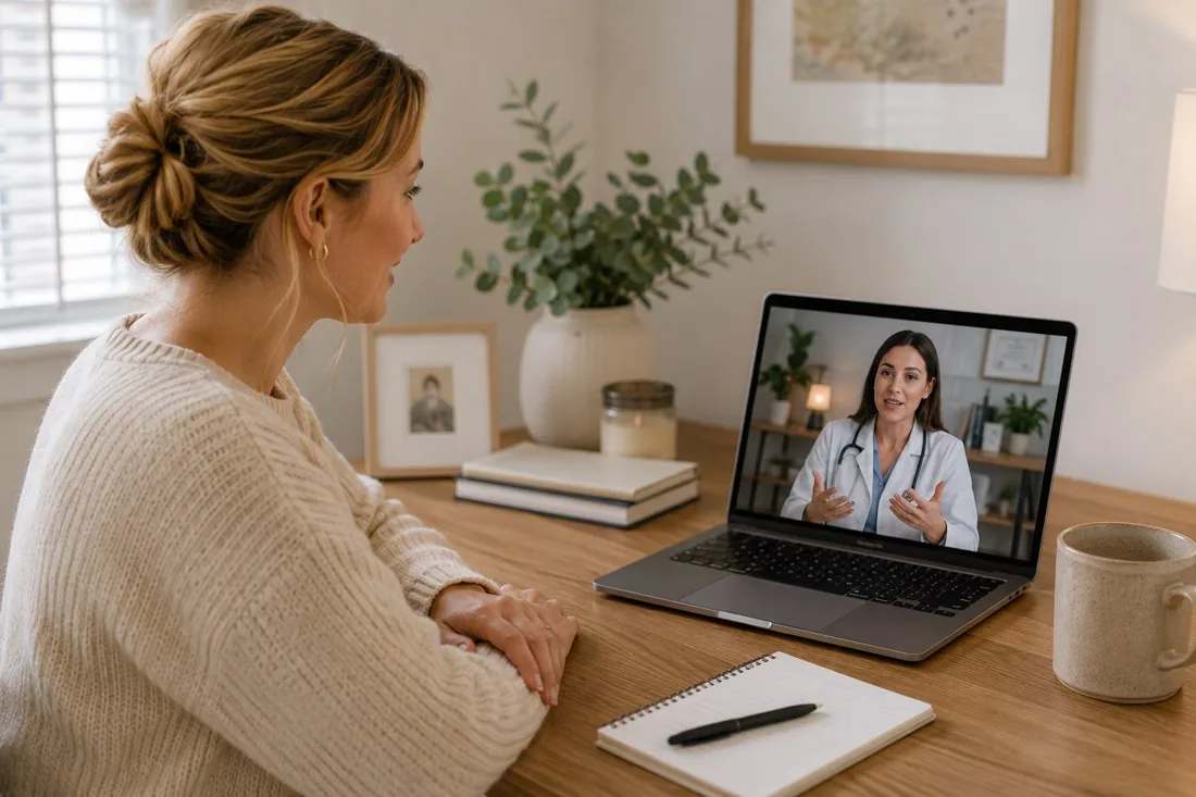 A surrogate at a calm prenatal telehealth conversation with her doctor