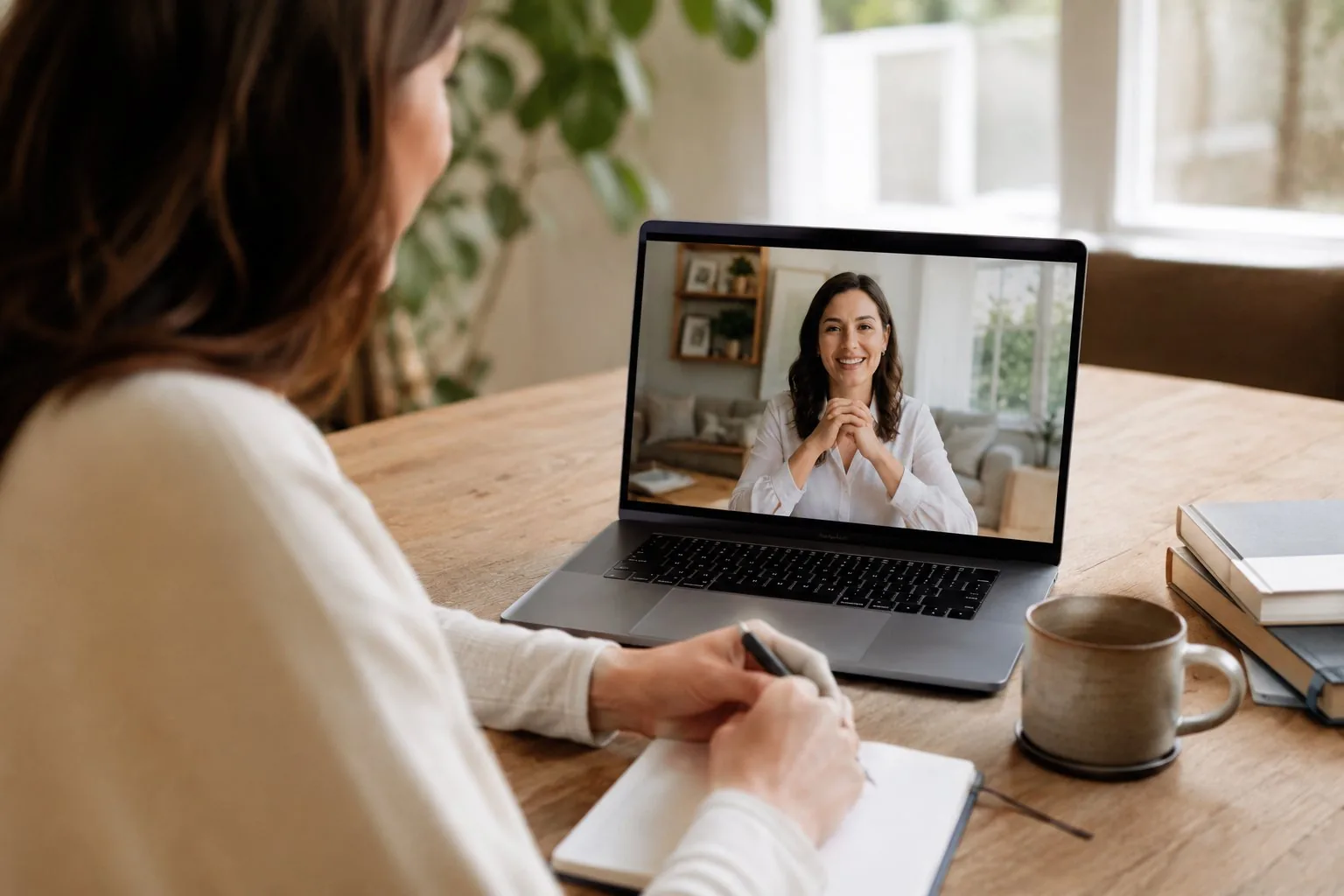 A woman on a video consultation call, taking notes